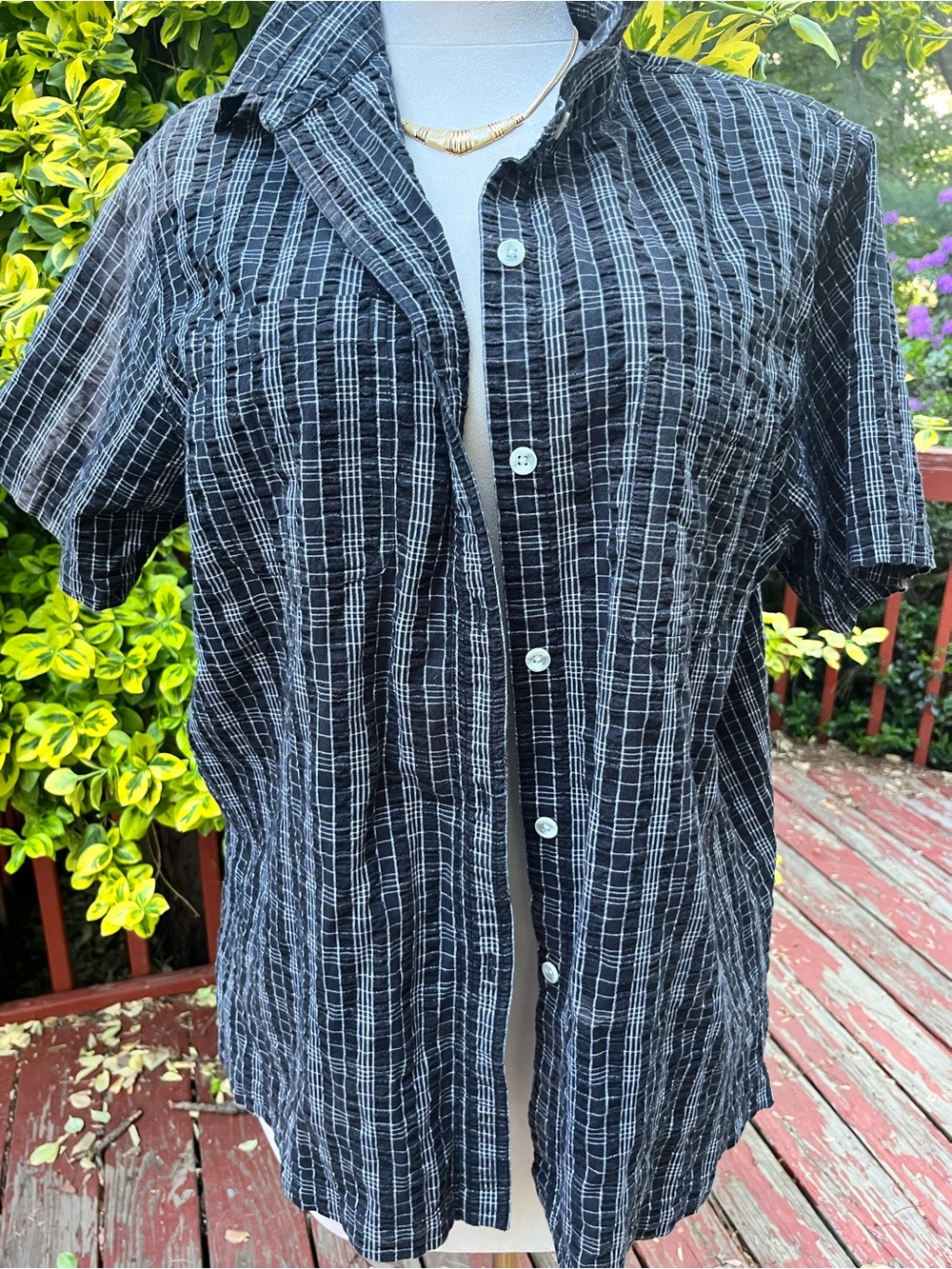L.K. Sport Linda Karen Retro 1X Navy White Plaid Crinkle Button Front Shirt